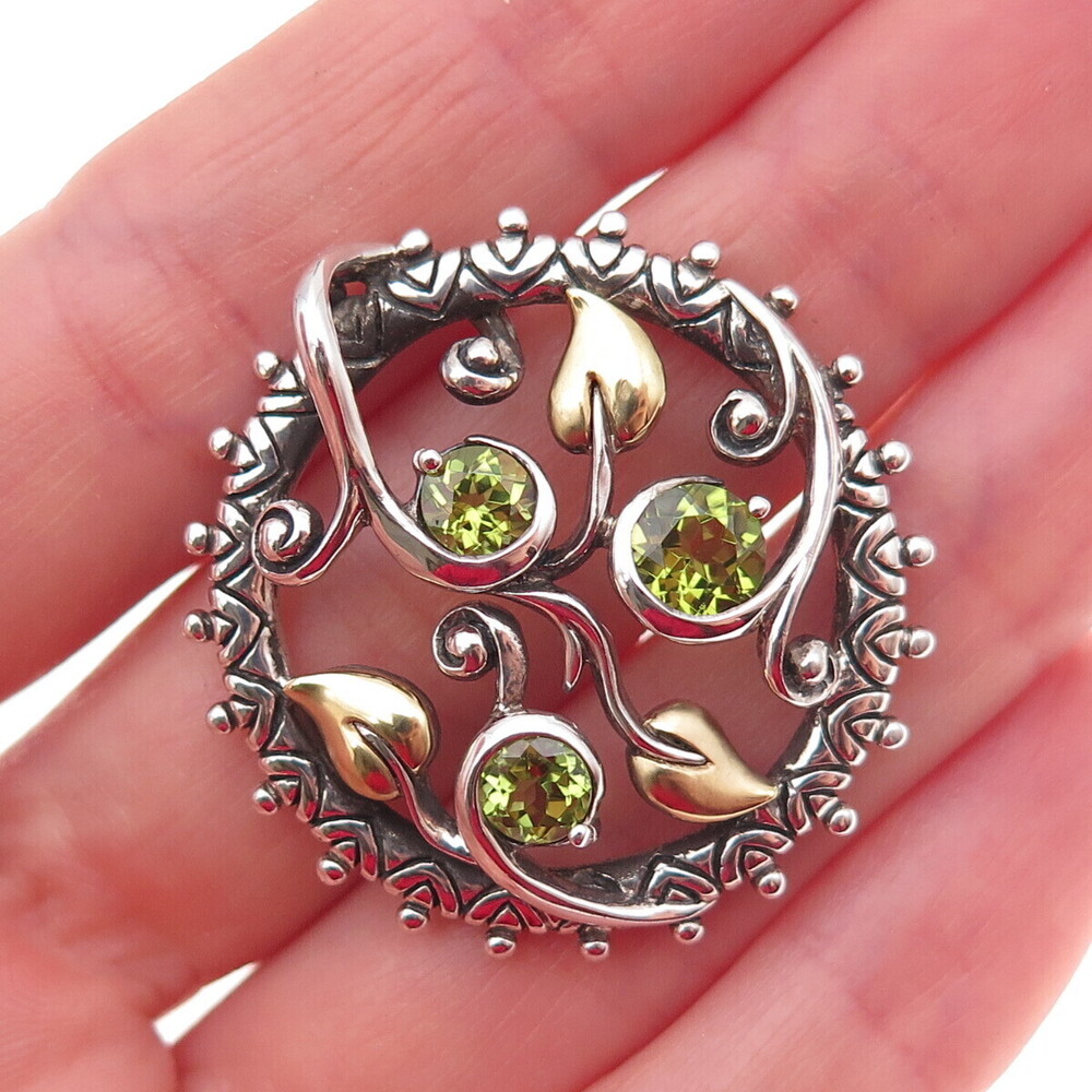 Barbara Bixby 925 Sterling Silver 18K Gold Real Peridot Floral Slide Pendant